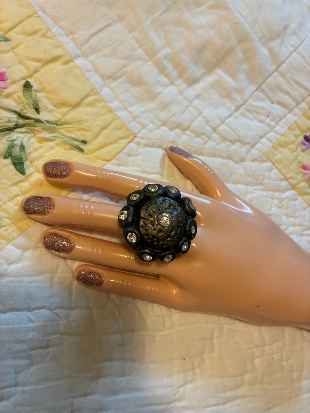 Vintage-Inspired Black Dome Cocktail Ring with Clear Crystals